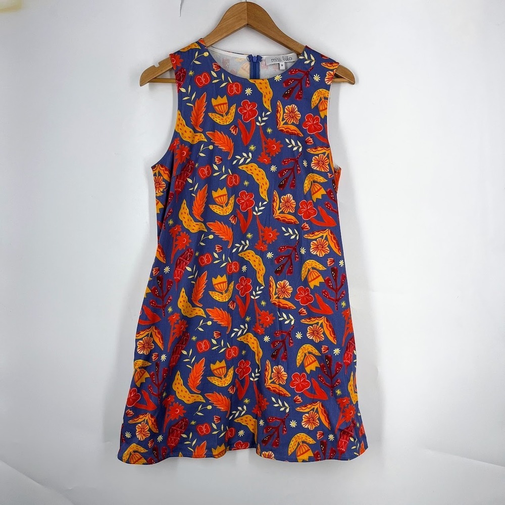 Miss Lulo Blue Floral Fruit Print Sleeveless Cotton Shift Dress Womens Size M‎